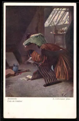 Künstler-AK Brüder Kohn (B.K.W.I) Nr. 1783: Frau liegt über eine Bank gebeugt in der Atelierecke