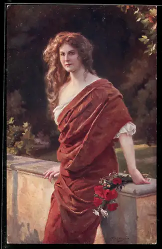 Künstler-AK sign. Abel Boyé: Junge Frau abends an Mauer