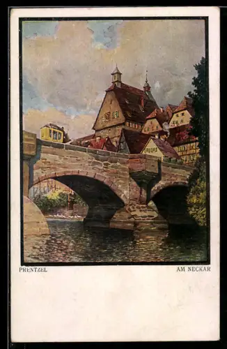 Künstler-AK Besigheim, Blick auf Neckarbrücke