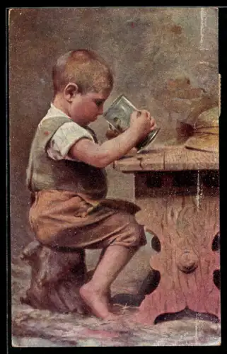 Künstler-AK sign. Jobst: Junge trinkt den letzten Tropfen