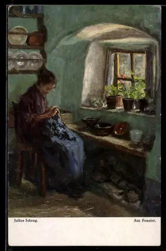 Künstler-AK sign. Julius Schrag: Frau sitzt am Fenster