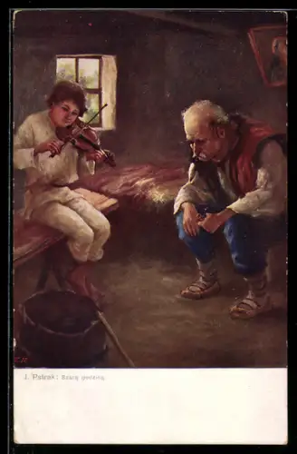 Künstler-AK sign. J. Pstrak: Älterer Mann und geigender Junge