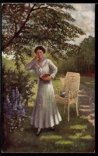 Künstler-AK sign. C. Krebs: Frau pflückt Kirschen