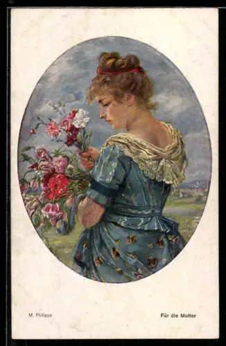 Künstler-AK sign. M. Philipps: Junge Frau mit Blumen