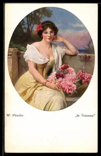Künstler-AK sign. W. Menzler: Junge Frau mit Blumen