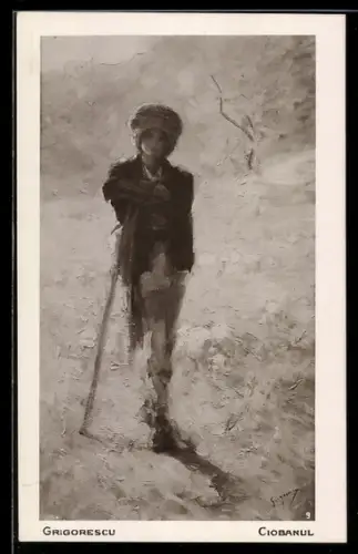 Künstler-AK sign. Grigorescu: Junger Mann in winterlicher Landschaft