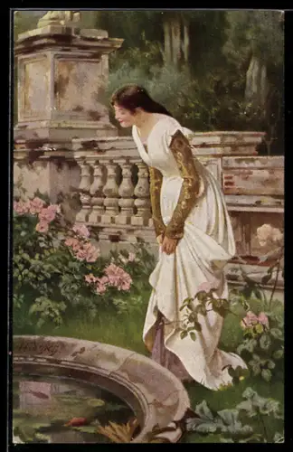 Künstler-AK sign. Ed. Niczky: Frau am Goldfischbecken