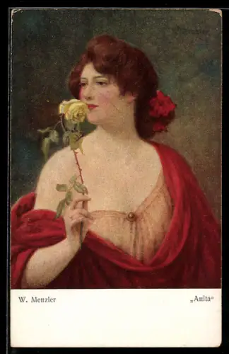 Künstler-AK sign. W. Menzler: Anita mit gelber Rose