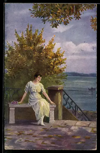 Künstler-AK sign. H. Hermanns: Junge Frau sitzt an der Treppe