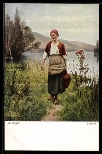 Künstler-AK sign. R. Knight: Brigitte mit einem Krug