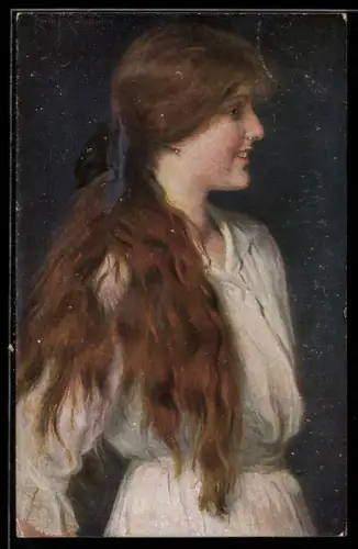 Künstler-AK sign. E. Rosenstand: Junge Frau mit schwarzer Schleife im Haar