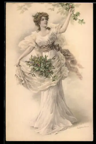 Künstler-AK sign. A. Renault: Junge Frau mit Misteln