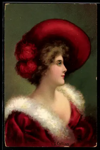 Künstler-AK Elegante Dame im roten Kleid mit Hut