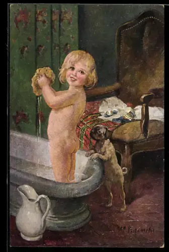 Künstler-AK sign. H. Susemihl: Badendes Kind mit einem Hund
