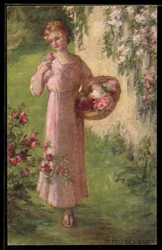 Künstler-AK sign. M. Heydenbluth: Junge Frau mit Rosenkorb