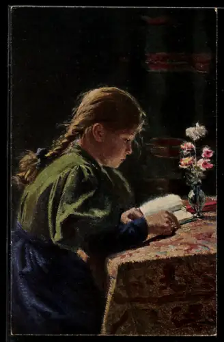 Künstler-AK sign. Prof. Strüzel: Mädchen macht seine Aufgaben