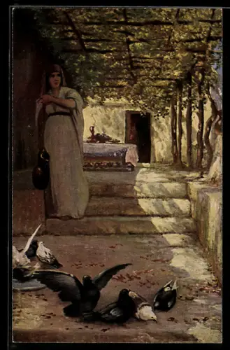 Künstler-AK sign. Sémiradsky: Junge Frau mit Tauben