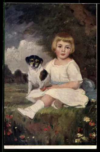 Künstler-AK sign. Pistike: Kind im Kleid mit Hund