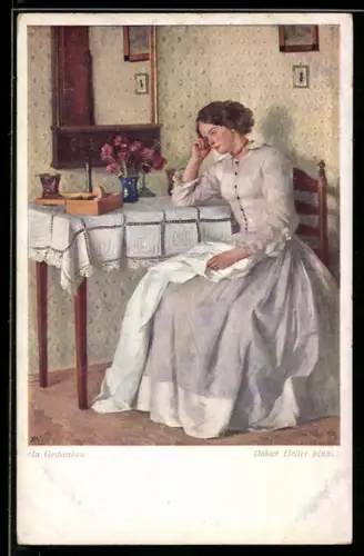 Künstler-AK sign. Oskar Heller: Frau am Tisch in Gedanken