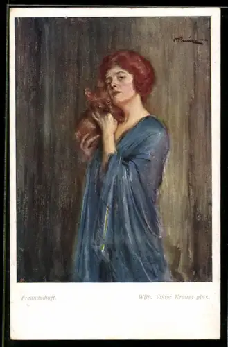Künstler-AK sign. Wilh. Viktor Krausz: Frau mit Hund auf dem Arm