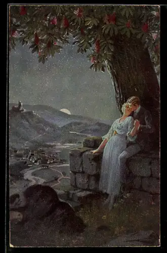 Künstler-AK sign. P. Burger: Liebespaar im Mondesglanz