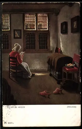 Künstler-AK sign. Pieter de Hooch: Rückenansicht von lesender Frau