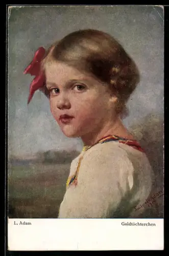 Künstler-AK sign. L. Adam: Goldtöchterchen, Mädchen mit roter Schleife im Haar