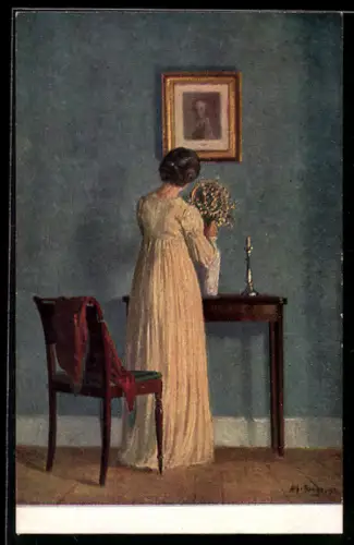 Künstler-AK sign. Alfred Broge: Rückenansicht von Frau mit Blumen