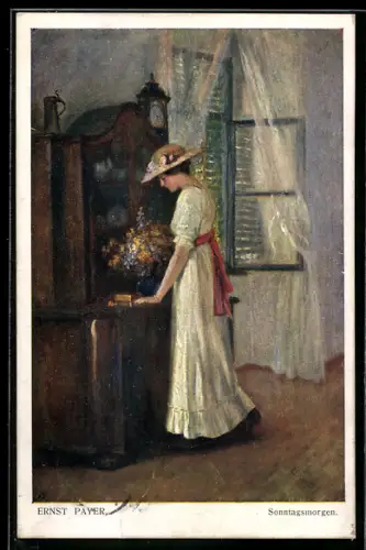 Künstler-AK sign. Ernst Payer: Junge Frau an einem Sonntagsmorgen