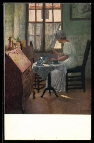 Künstler-AK sign. Emma Löwstädt-Chadwick: Junge Frau sitzt am Fenster