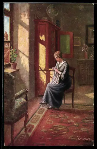 Künstler-AK sign. I. Linschoten: Frau sitzt bei Sonenschein am Fenster