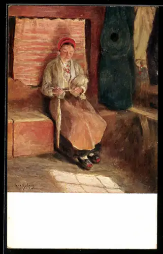 Künstler-AK sign. Ivar Nyberg: Spinnende Bäuerin