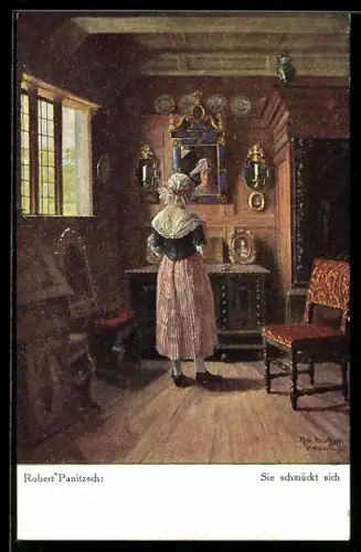 Künstler-AK sign. Robert Panitzsch: Rückenansicht von Frau am Spiegel