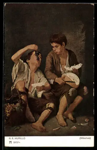 Künstler-AK sign. B. E. Murillo: Zwei Junge beim Essen