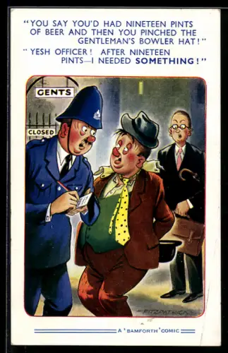 Künstler-AK sign. Fitzpatrick: Polizist mit einem Betrunkenen