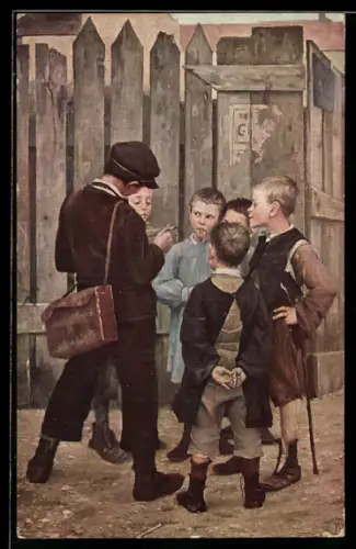 Künstler-AK sign. M. Bashkirtseff: Gruppe von Jungen am Zaun