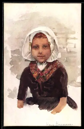 Künstler-AK sign. Prof. Hans Herrmann: Junges Mädchen mit Haube