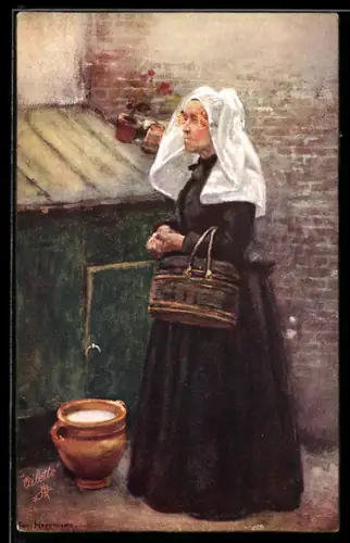 Künstler-AK sign. Prof. Hans Herrmann: Ältere Frau im Kleid mit Haube