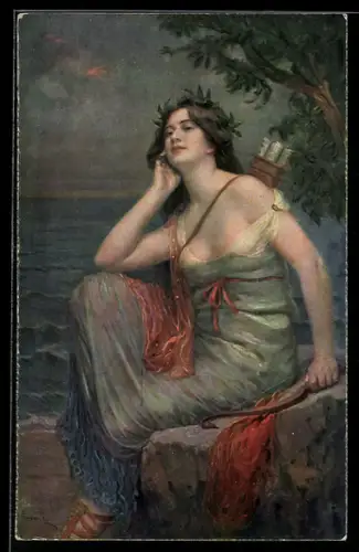 Künstler-AK sign. Prof. G. Papperitz: Diana, Am Strand mit Bogen in der Hand und Köcher auf dem Rücken
