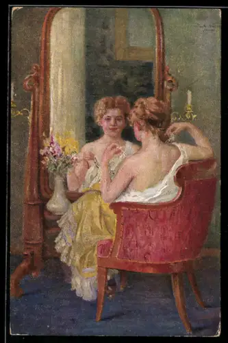 Künstler-AK sign. R. Völcker: Frau im Boudoir