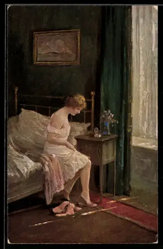 Künstler-AK sign. E. Schneider: Frau bei der Morgentoilette