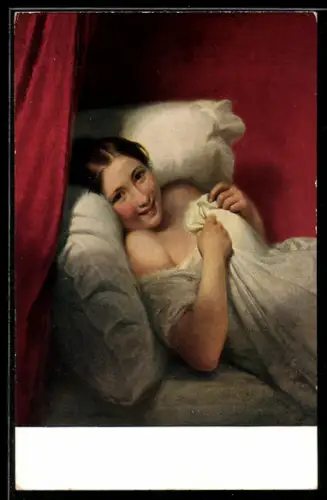 Künstler-AK sign. P. E. Destouches: Junge Frau liegt im Bett