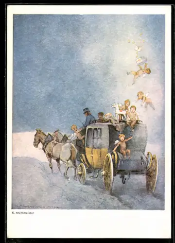 Künstler-AK sign. K. Mühlmeister: Mail-coach on Christmas Eve