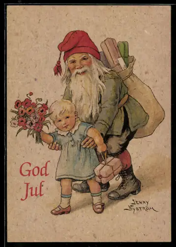 Künstler-AK sign. Jenny Nyström: Weihnachtsmann mit Kind u. Geschenken, Weihnachtsgruss