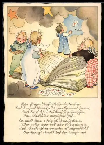 Künstler-AK sign. Margret Savelsberg: Engel empfangen Wunschzettel durch ein Wolkenfenster