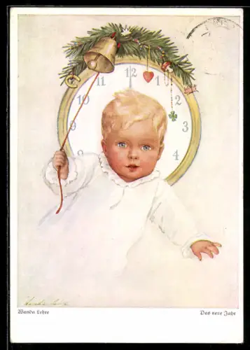 Künstler-AK sign. Wanda Lehre: Das neue Jahr, Kind läutet Glöckchen, Uhr