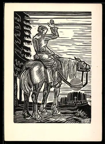 Künstler-AK sign. Alfons Niemann: Reiter vor Soldatenfriedhof