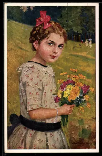 Künstler-AK sign. Rob. Völker: Mädchen mit Wiesenblumen