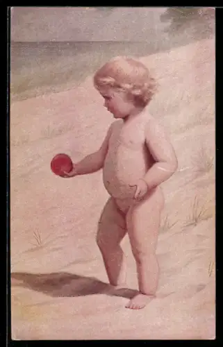 Künstler-AK sign. Adolf Hering: Die kleine Elsa, nacktes Mädchen mit Ball auf der Düne