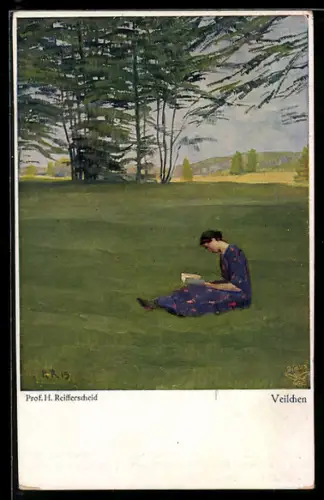 Künstler-AK Wohlgemuth & Lissner, Primus-Postkarte No. 5003: H. Reifferscheid: Veilchen, eine Frau liest auf der Wiese